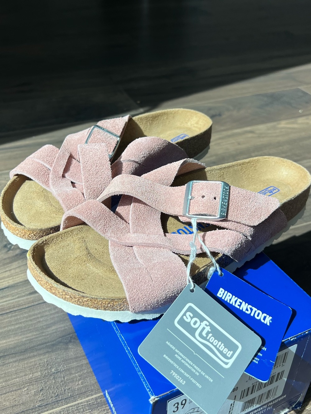 Birkenstock Lugano Pink Suede Cross-Strap Slide Sandals - Picture 5 of 6
